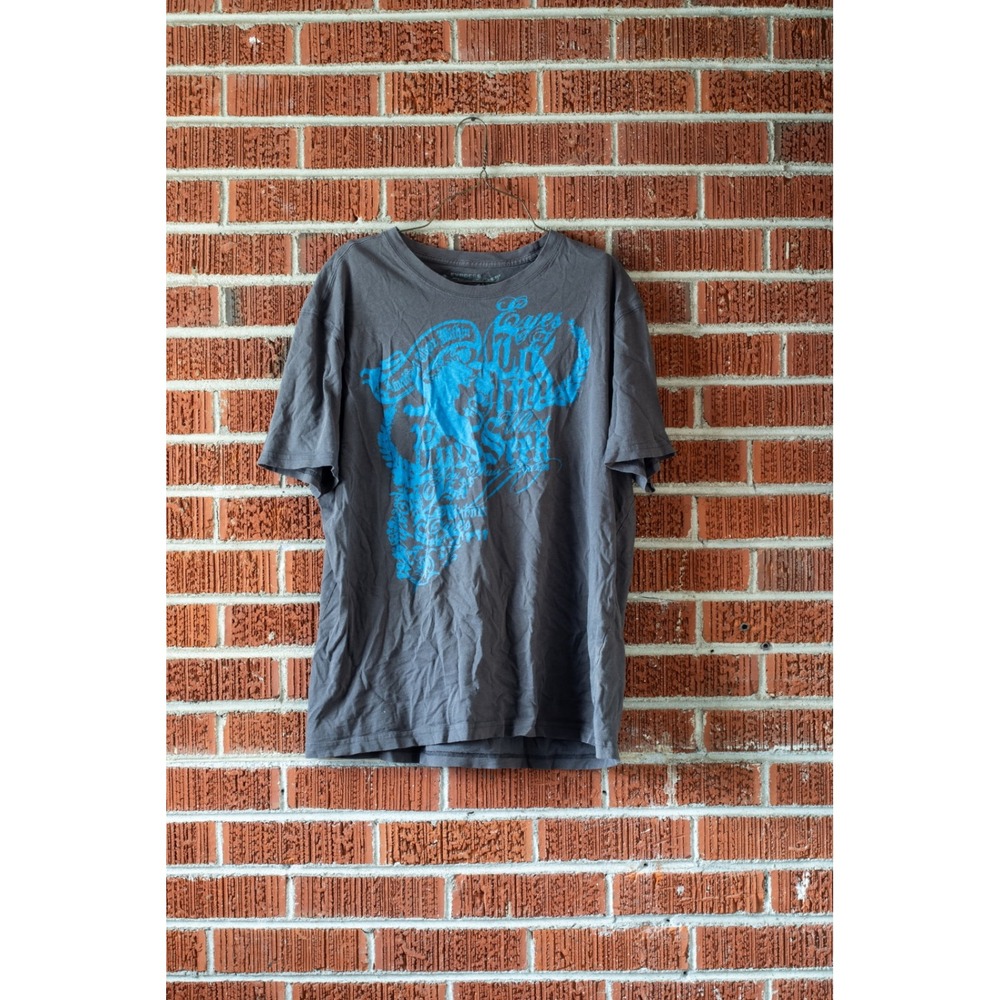 Express Mens Graphic T-Shirt Charcoal Gray Blue Crest Script XXL Short Sleeve